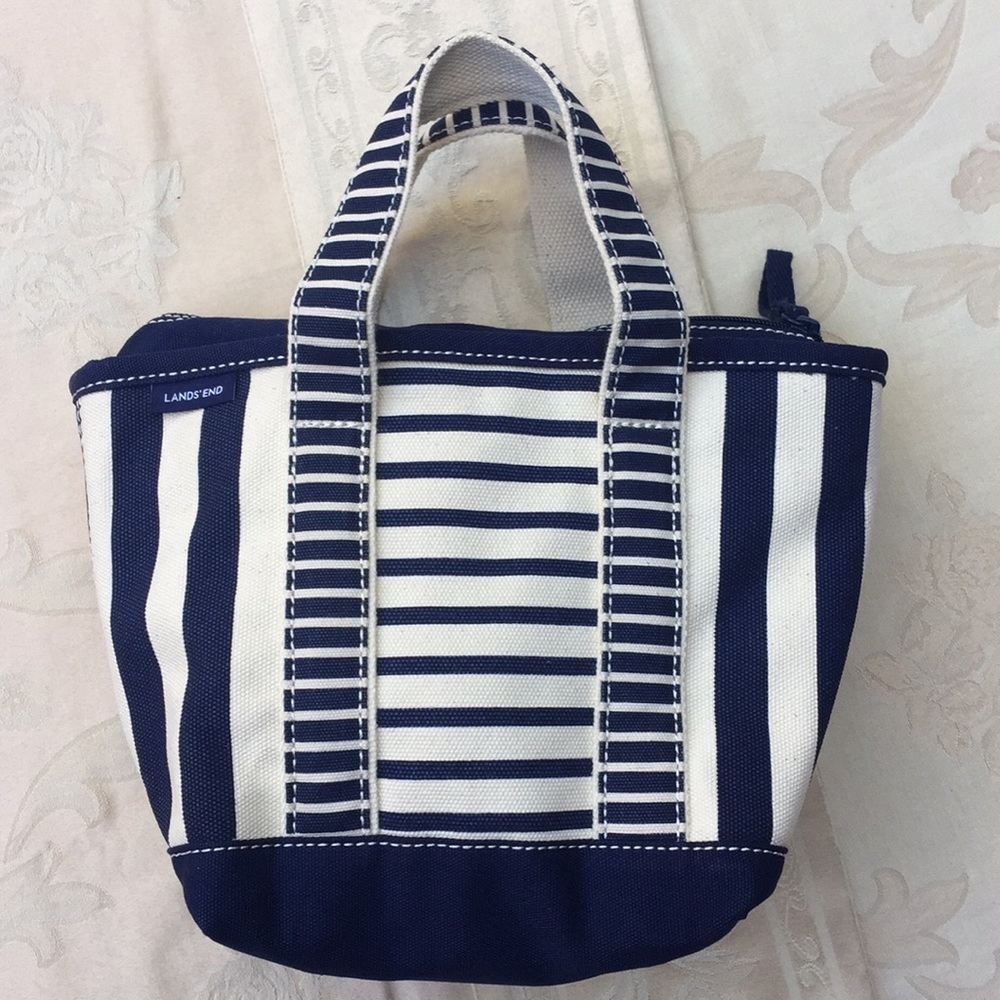 Lands’ End Small Zip-Top Navy Striped Canvas Tote.